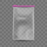 Cellophane bag ziplock isolated template. Empty transparent package with purple adjustable zipper for storing food and protecting things from vector moisture.