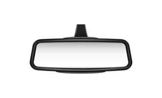Car rear view mirrors template. Empty banner mirrored objects with black frame to view road and pedestrians safety symbol on vector highway.