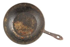 old disgusting stained rusty cast iron pan with burnt fat isolated in directly above perspective photo