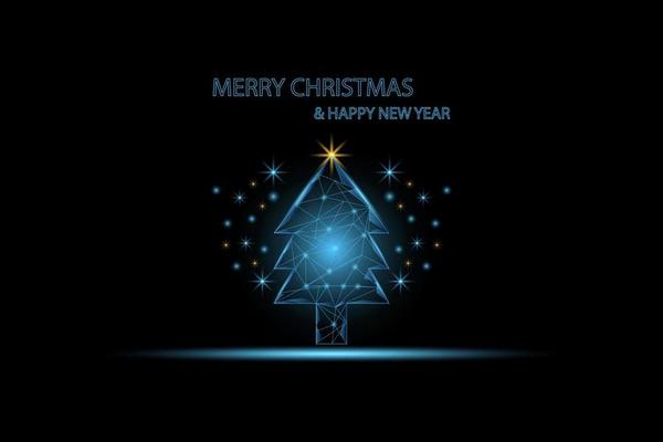 Christmas and New years celebrate concepts. Low polygon and wireframe Christmas tree and a golden star on top. Spike and shiny star on black background.