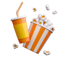3D-Popcorn und Papierglasgetränk. kino, film, film, unterhaltungskonzepthintergrund in trendigen kunststofffarben. hochwertiges isoliertes rendern png