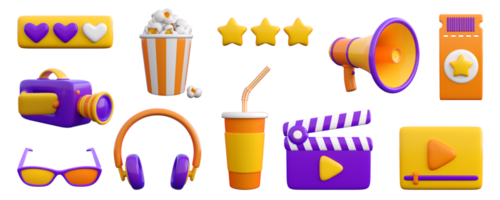 3d set of cinema, movie, theatre, video and audio icons. Trendy glossy plastic design elements. High quality isolated render png