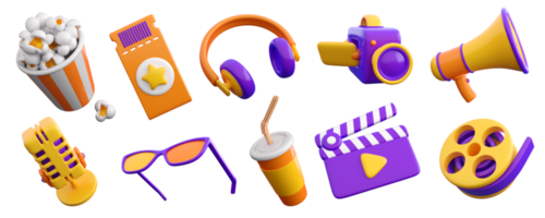 Conjunto 3d de iconos de cine, cine, teatro, video y audio. elementos de diseño de plástico brillante de moda. renderizado aislado de alta calidad png