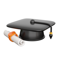 casquette de graduation 3d avec diplôme. élément pour les bannières de retour à l'école, d'apprentissage et d'éducation en ligne. rendu isolé de haute qualité png