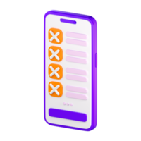 Smartphone 3D com lista de verificação na tela. lista de tarefas ou tarefas, formulário de votação, pesquisa on-line, feedback ou conceito de exame. renderização isolada de alta qualidade png