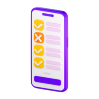 3d smartphone con lista di controllo su il schermo. fare o compiti elenco, votazione modulo, in linea indagine, risposta o visita medica concetto. alto qualità isolato rendere png