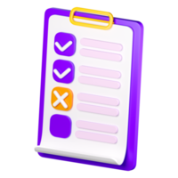 3d cheklist clipboard icon. Todo or tasks list, vote form, online survey, feedback or examination concept. High quality isolated render png