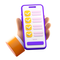 3d smartphone with human hand with checklist on the screen. Todo or tasks list, vote form, online survey, feedback or examination concept. High quality isolated render png