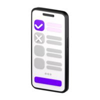 Smartphone 3D com lista de verificação na tela. lista de tarefas ou tarefas, formulário de votação, pesquisa on-line, feedback ou conceito de exame. renderização isolada de alta qualidade png