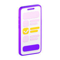 3d smartphone with checklist on the screen. Todo or tasks list, vote form, online survey, feedback or examination concept. High quality isolated render png