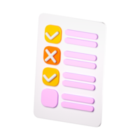 3d cheklist clipboard icon. Todo or tasks list, vote form, online survey, feedback or examination concept. High quality isolated render png