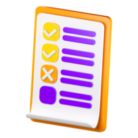 3d cheklist clipboard icon. Todo or tasks list, vote form, online survey, feedback or examination concept. High quality isolated render png