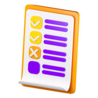 3d cheklist clipboard icon. Todo or tasks list, vote form, online survey, feedback or examination concept. High quality isolated render png