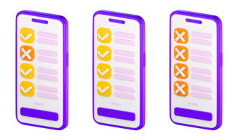 Smartphone 3D com lista de verificação na tela. lista de tarefas ou tarefas, formulário de votação, pesquisa on-line, feedback ou conceito de exame. renderização isolada de alta qualidade png
