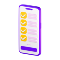 3d smartphone met checklist Aan de scherm. Te doen of taken lijst, stemmen het formulier, online vragenlijst, terugkoppeling of examen concept. hoog kwaliteit geïsoleerd geven png