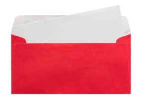 envelope vermelho aberto com carta em branco isolada com traçado de recorte para maquete png