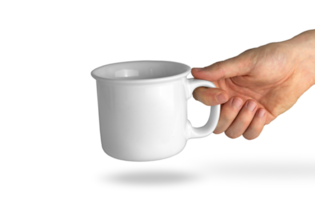 taza blanca en la mano sobre fondo transparente png