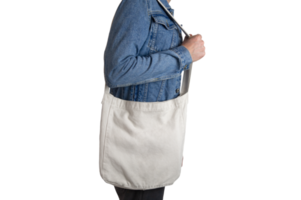 Model Hanging a White Tote Bag on Transparent Background png