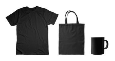 pack de t-shirt noir, sac fourre-tout et mug sur fond transparent png