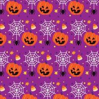 Bright seamless pattern with pumpkins and spiders on purple background vector