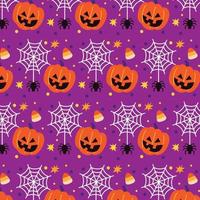 Bright seamless pattern with pumpkins and spiders on purple background vector