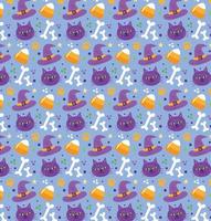Halloween seamless pattern with cat faces and witch hats vector