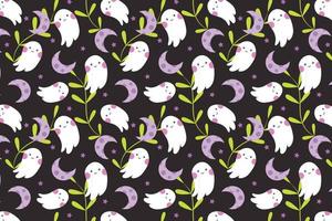 Pattern for halloween with funny ghosts, moon vector