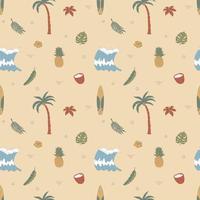 Seamless Pattern With Hand Drawn Elements With a Surf Theme. Wave, Surf, Palm Trees And More. vector