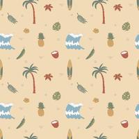 Seamless Pattern With Hand Drawn Elements With a Surf Theme. Wave, Surf, Palm Trees And More. vector