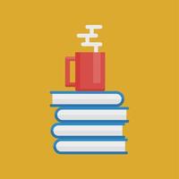 flat icon vector illustration of a stack of books and a glass of drink on yellow background