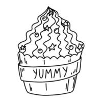 Cupcake in hand drawn doodle style. Yummy desert design. Vector illustration.