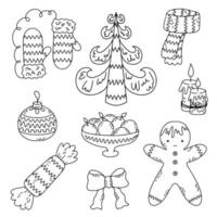 Set of New Year and Christmas elements in hand drawn doodle style. Candy, fir tree, mittens, illustrations with holly berries, gifts, Christmas tree. vector