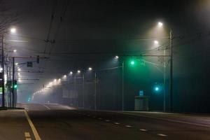 empty foggy night road with rows of lamp posts, green traffic light and pedestrian crossing photo