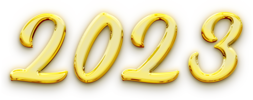 Golden volumetric 3D Text of the inscription 2023 isolated cut out png
