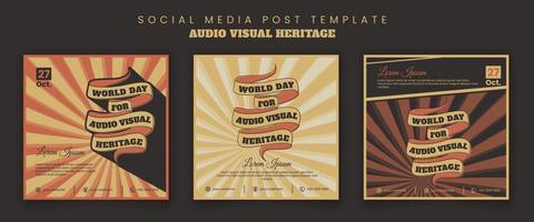 Set of social media template with typography and ribbon design for audio visual heritage day design vector