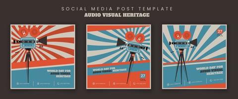 Social media post template with flat video camera design in retro blue and orange background design vector