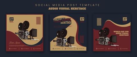 Social media post template with video camera design and vintage red blue yellow background design vector