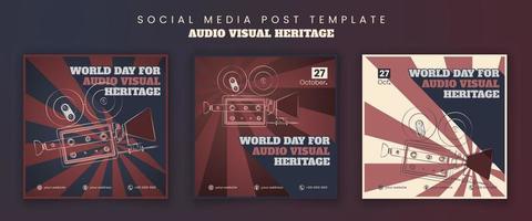 Set of social media template in retro blue and red background with line art of vintage camera design vector