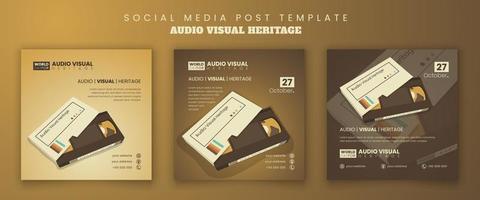 Set of social media post template with old video cassette and yellow background design vector