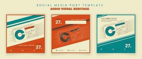 Set of social media post template in vintage background with line art of old video cassette design vector