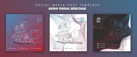 Set of social media post template with line art of video camera with flying lines design vector