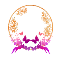 Wreath of flowers. butterflies. Orange, pink, purple, violet colours. png