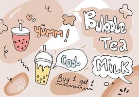 diseño de promociones especiales de bubble milk tea, boba milk tea, pearl milk tea, deliciosas bebidas, cafés y refrescos con logo y banner publicitario estilo doodle. ilustración vectorial. vector