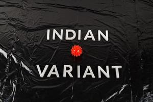 words indian variant laid with silver metal letters on crumpled black plastic bag background, close-up with small virus model photo