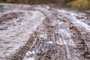 the word mud composed of silver metal letters on wet dirt surface photo