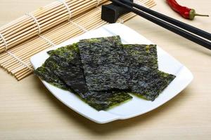 Nori sheets on the plate and wooden background photo