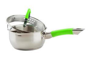 small shiny stainless steel pot with green handle and glass lid - isolated on white photo