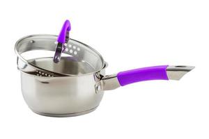 small shiny stainless steel pot with purple handle and glass lid - isolated on white photo