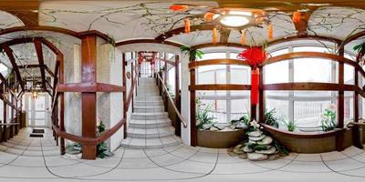 Seamless full spherical 360 degree panorama in equirectangular projection of stylized staiway to chinese restaurant photo