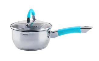 small shiny stainless steel pot with cyan blue handle and glass lid - isolated on white photo